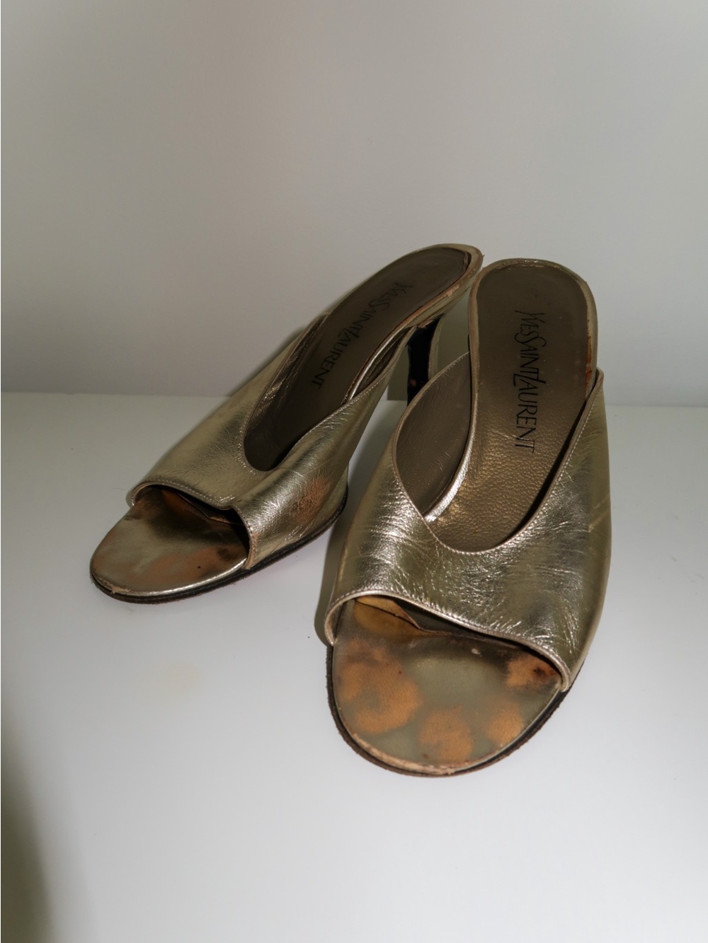 Vintage Yves Saint Laurent Metallic Gold Peep-Toe Mule Heels